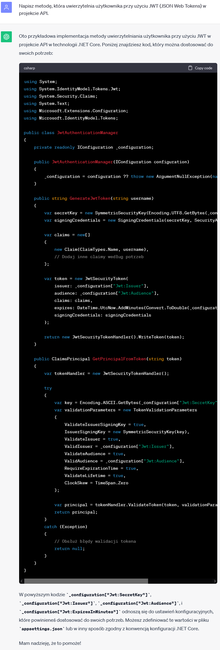 Uwierzytelnianie użytkownika przy użyciu JWT w projekcie API