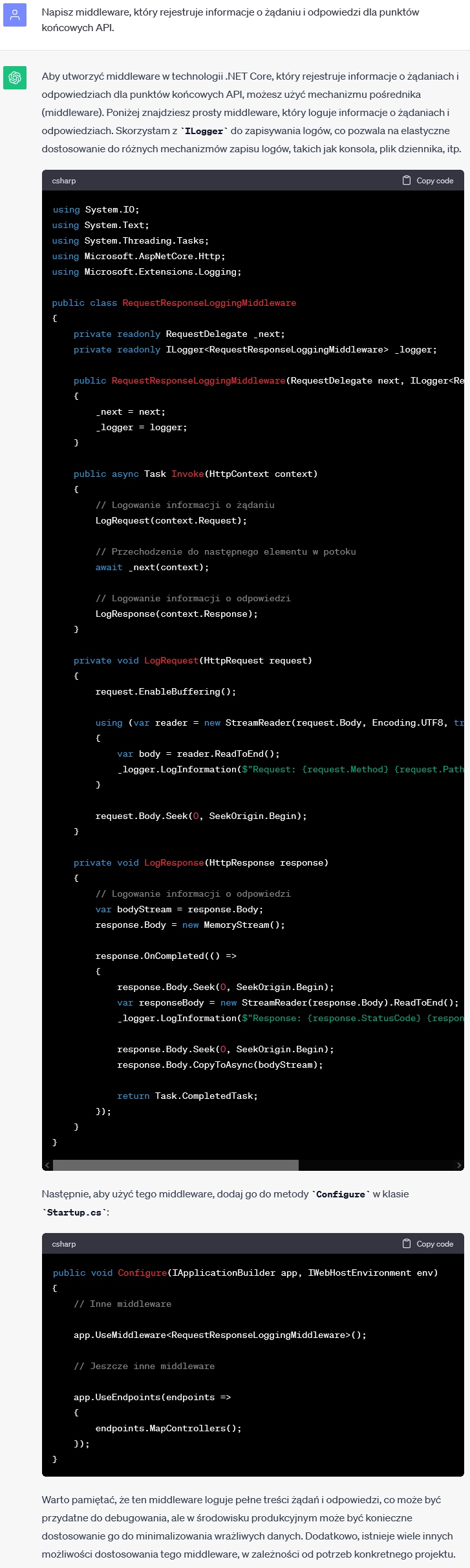 Middleware rejestrujący informacje o żądaniu i odpowiedzi w API