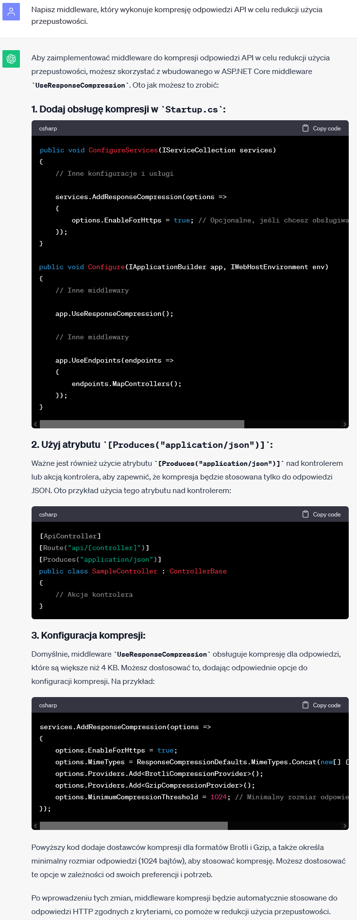 Middleware do kompresji odpowiedzi API w celu redukcji użycia przepustowości