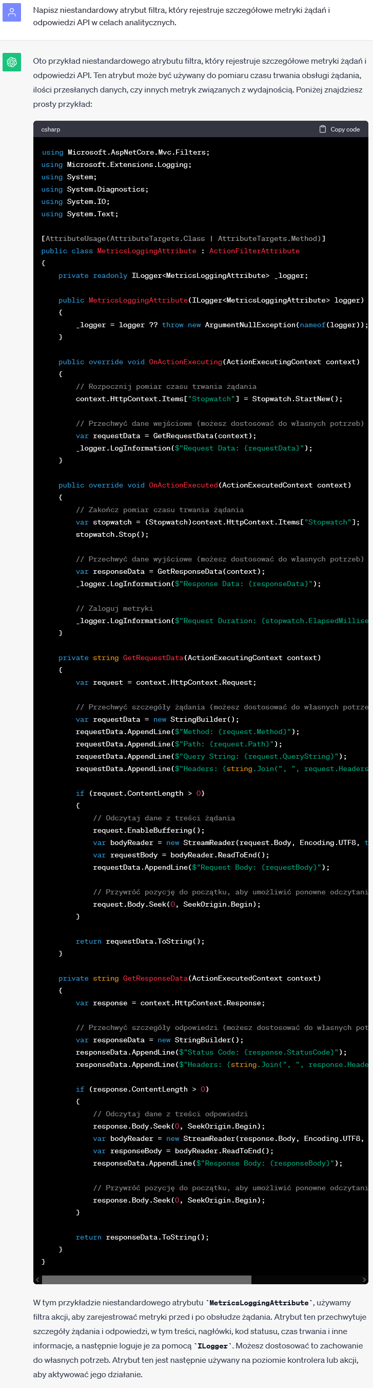 Niestandardowy atrybut filtra rejestrujący metryki żądań i odpowiedzi API w celach analitycznych