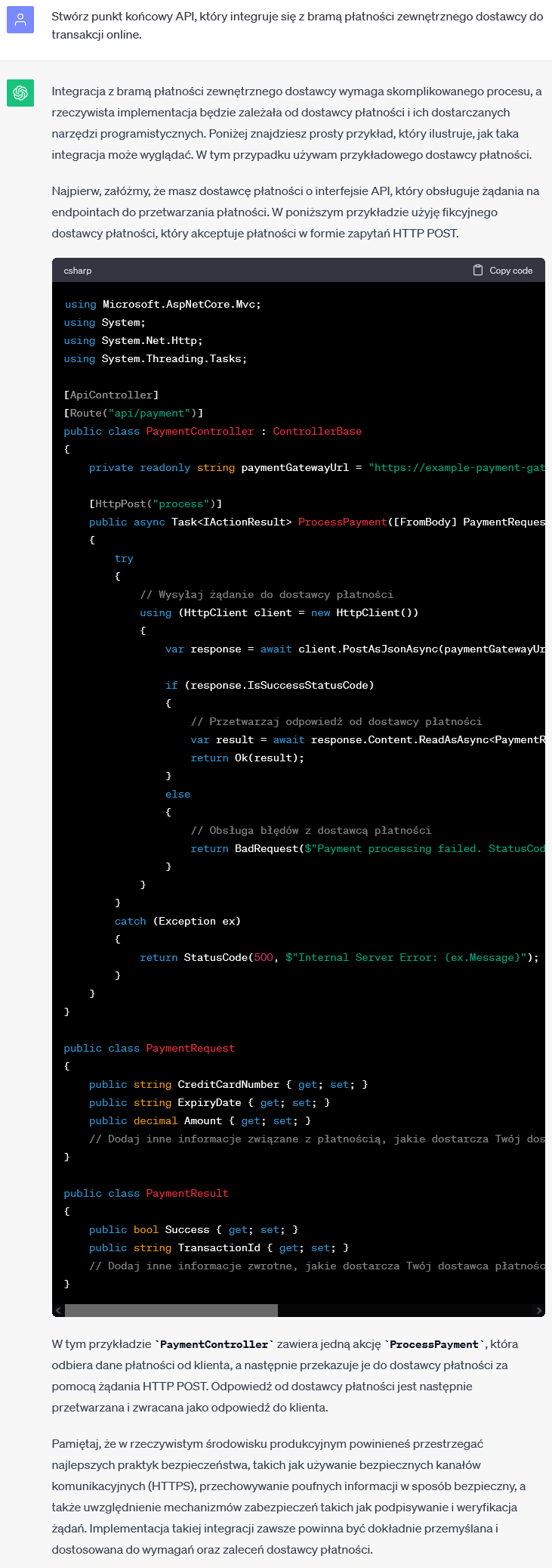 Punkt końcowy API integrujący się z bramą płatności do transakcji online