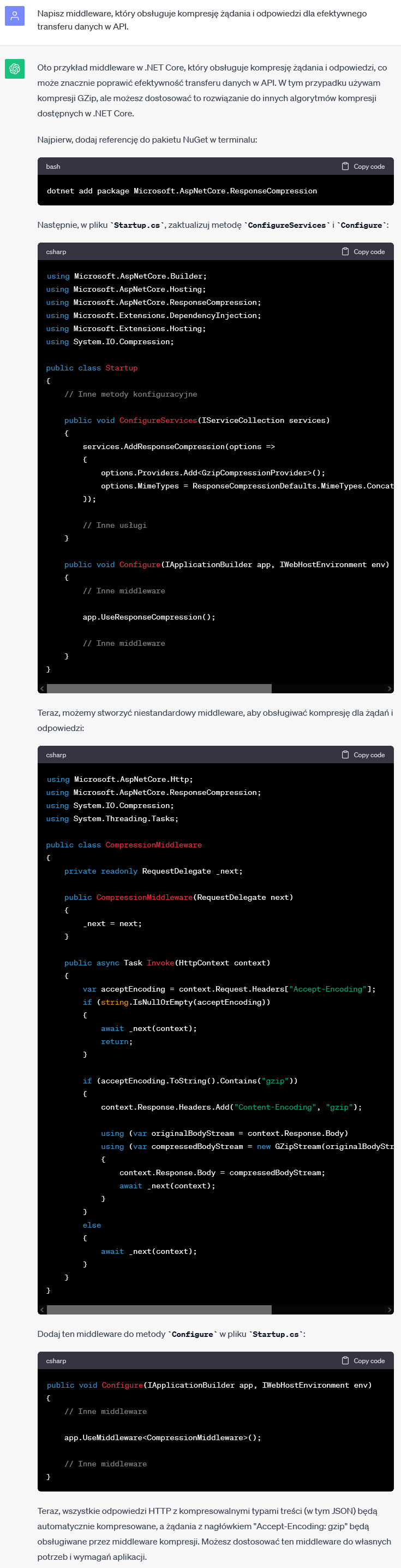 Middleware obsługujący kompresję żądania i odpowiedzi dla efektywnego transferu danych w API