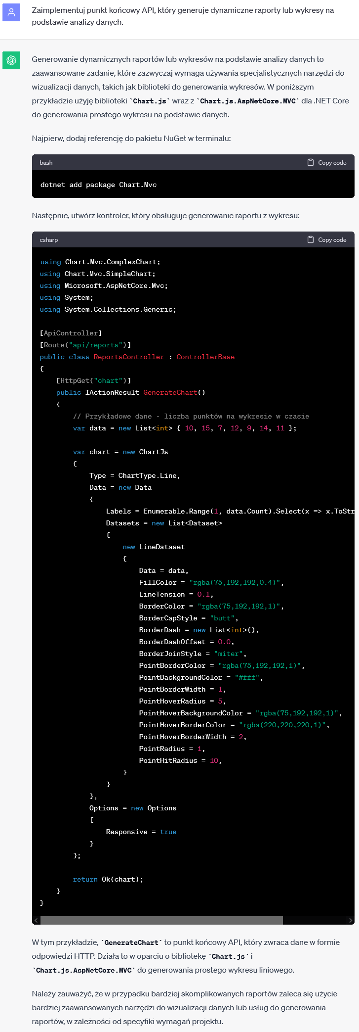 Punkt końcowy API do generowania dynamicznych raportów lub wykresów na podstawie analizy danych