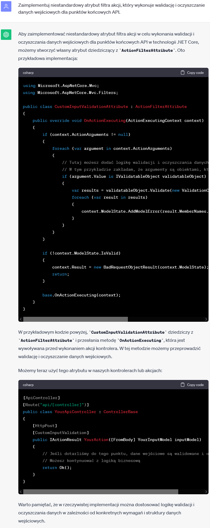 Implementacja niestandardowego atrybutu filtra akcji do walidacji i oczyszczania danych wejściowych w projekcie API