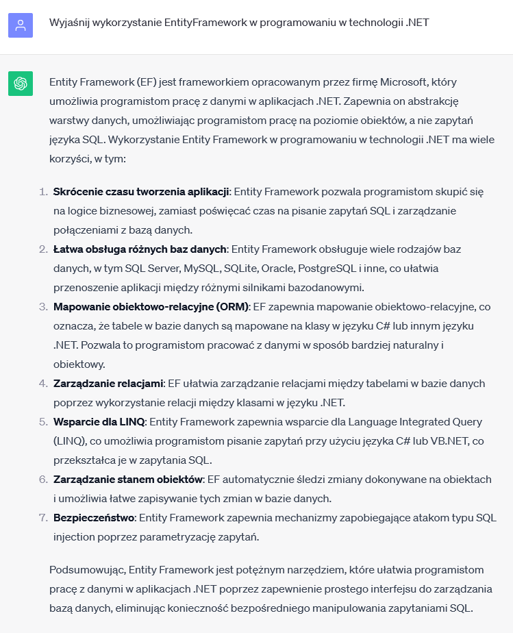 ChatGPT: wyjaśnienie Entity Frameworka