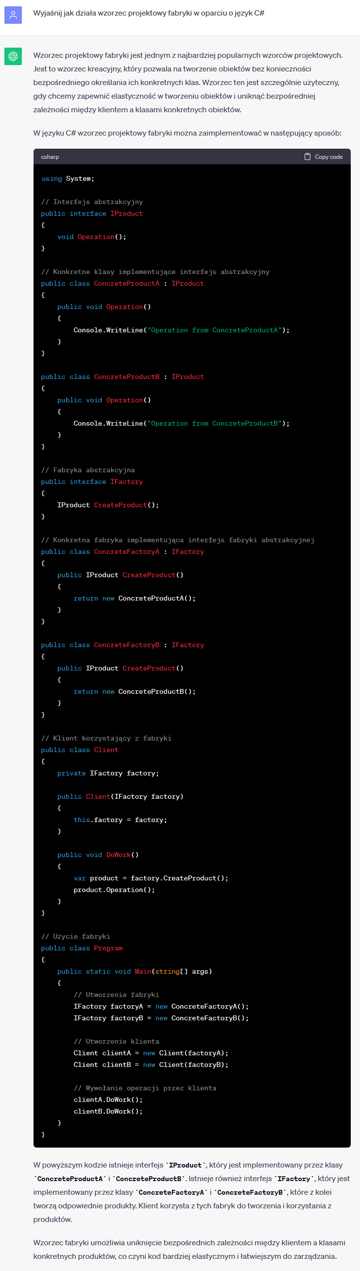 ChatGPT: wyjaśnienie działania wzorca fabryki