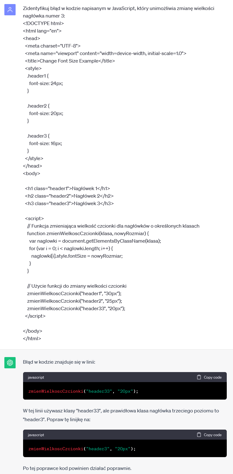 ChatGPT: poszukiwanie błędów w JavaScript