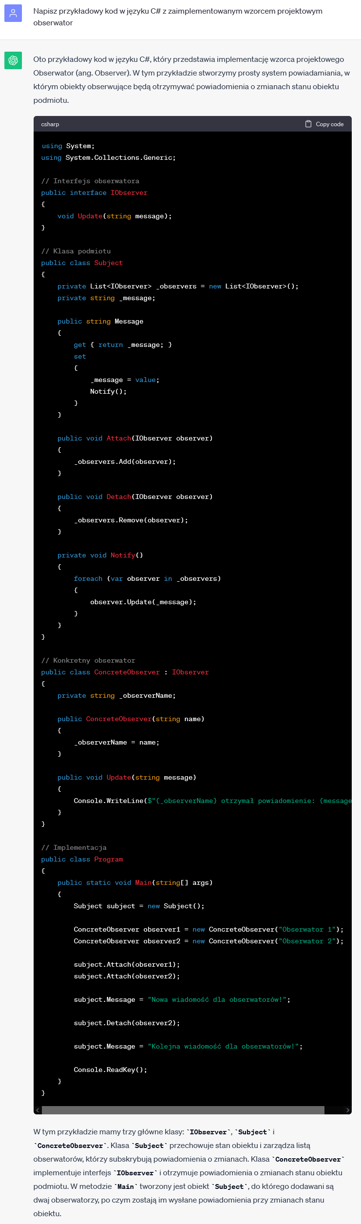 ChatGPT: implementacja wzorca obserwatora w C#